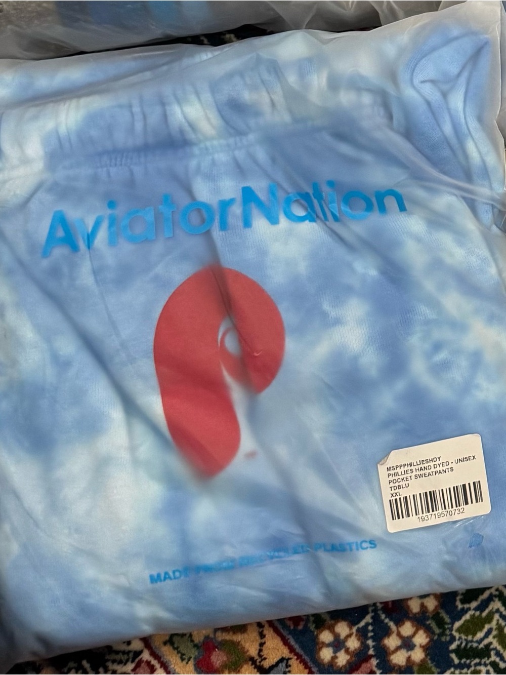 NWT Aviator Nation men’s Blue Tie-Dye Sweatpants with Red Phillies Logo